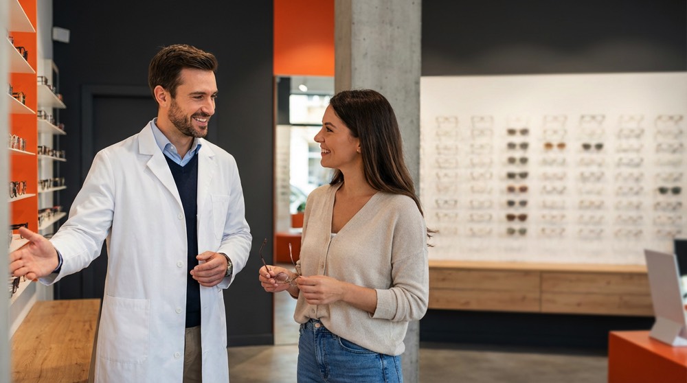 Ottico SEL Optical che accoglie un cliente in negozio con esposizione di montature sullo sfondo.